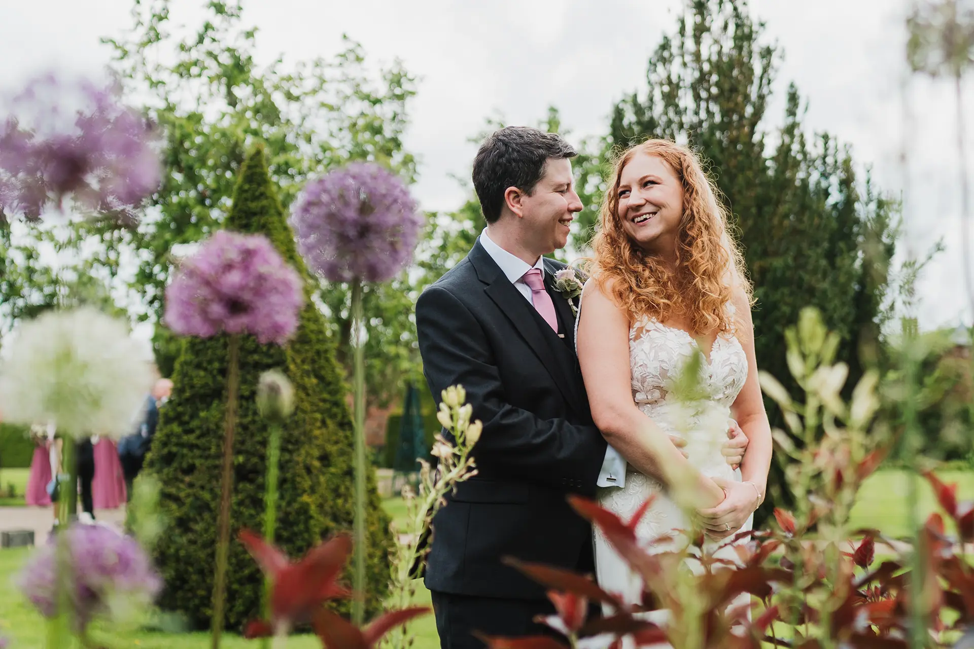 Combermere Abbey bride and groom in gardens