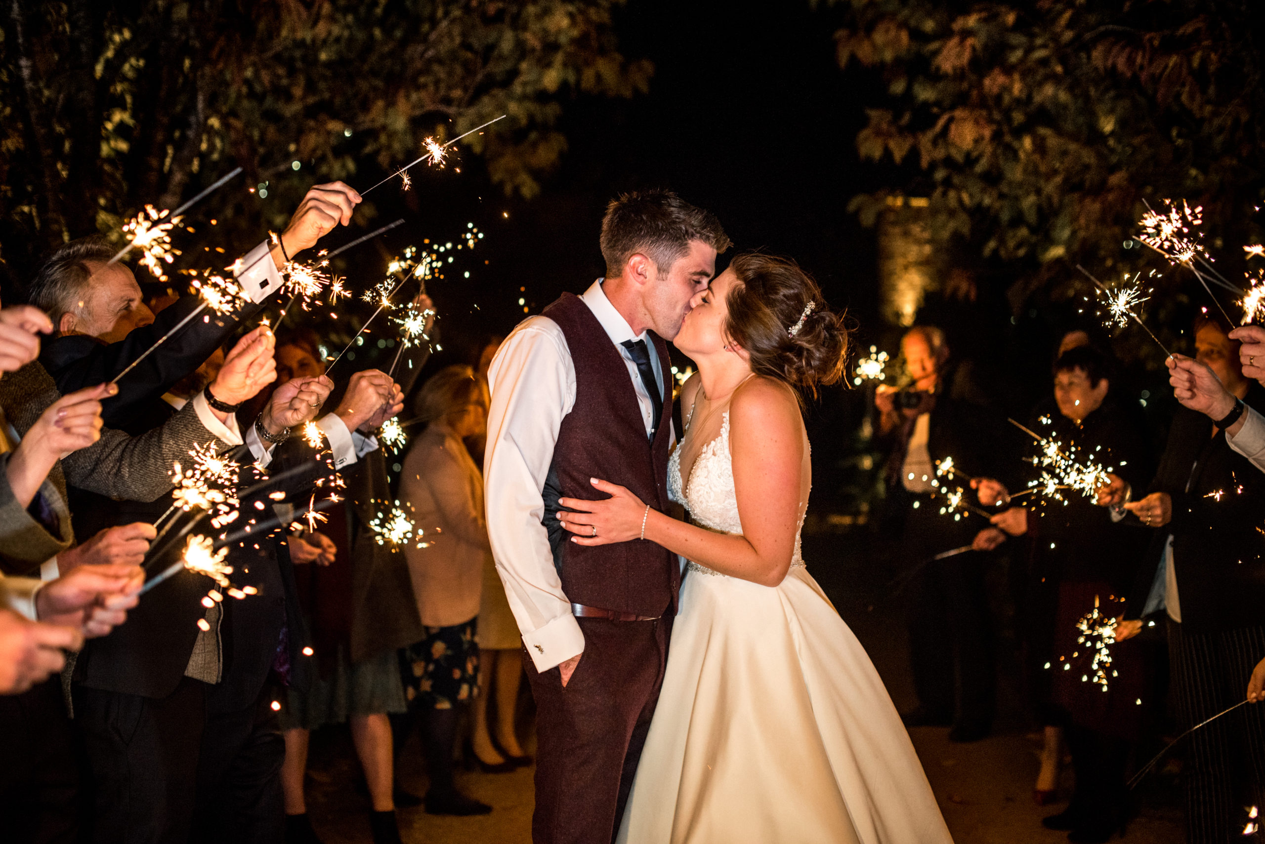 Autumn wedding sparkler send off at Combermere Abbey