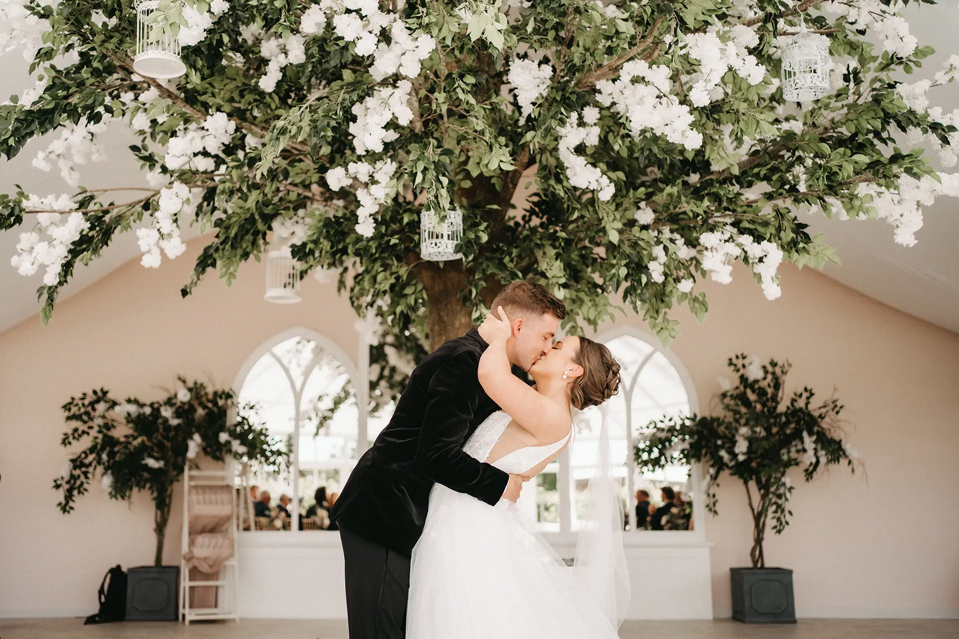 Combermere Abbey wedding ceremony kiss