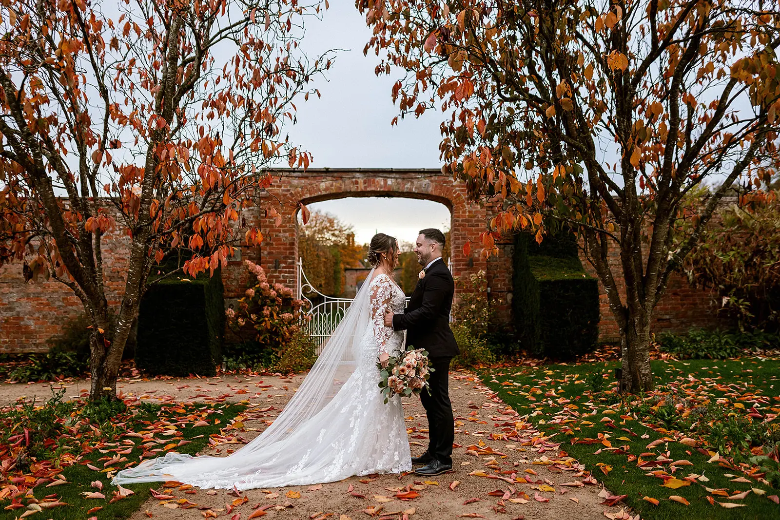 Combermere Abbey bride and groom autumnal wedding