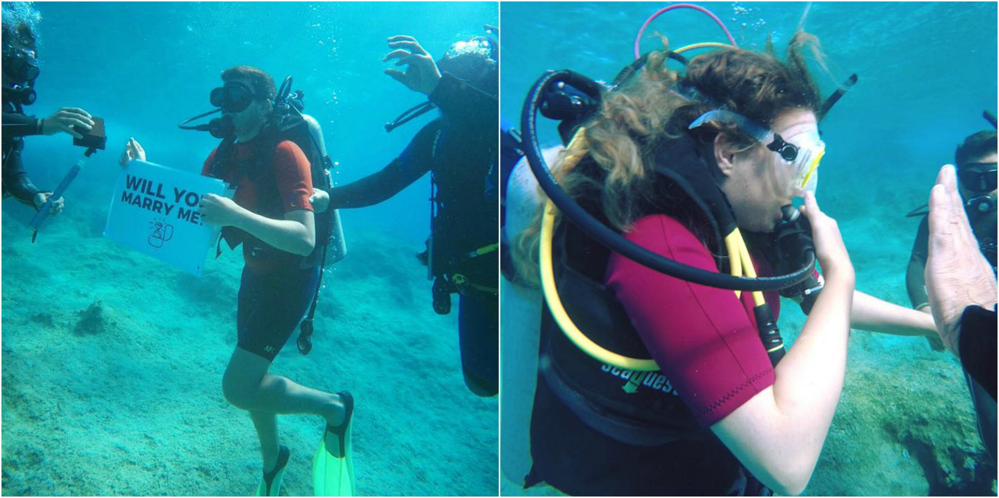 Man proposing under water while snorkelling