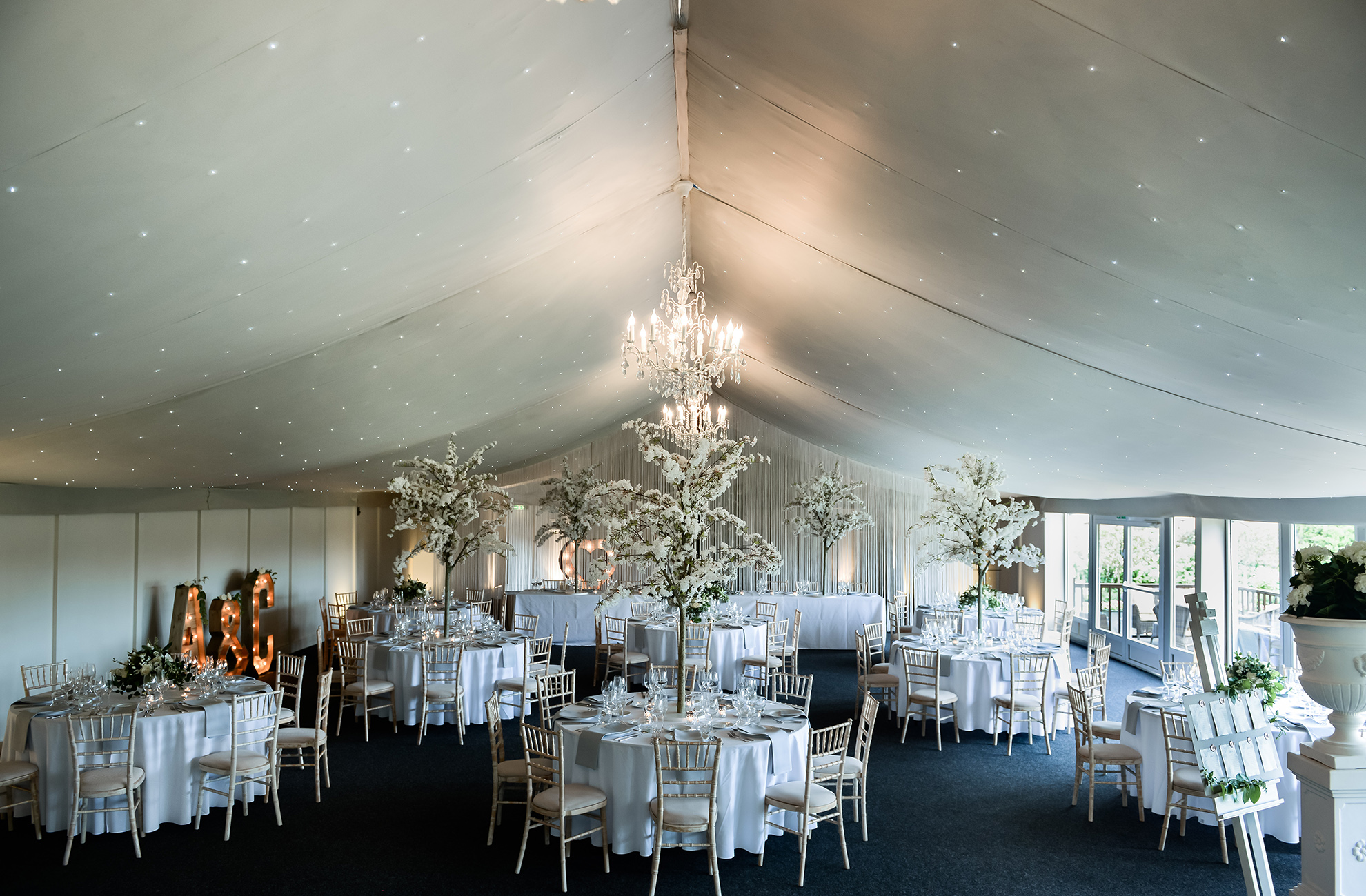 The Pavillion at this Cheshire wedding venue is set up for a stunning wedding breakfast