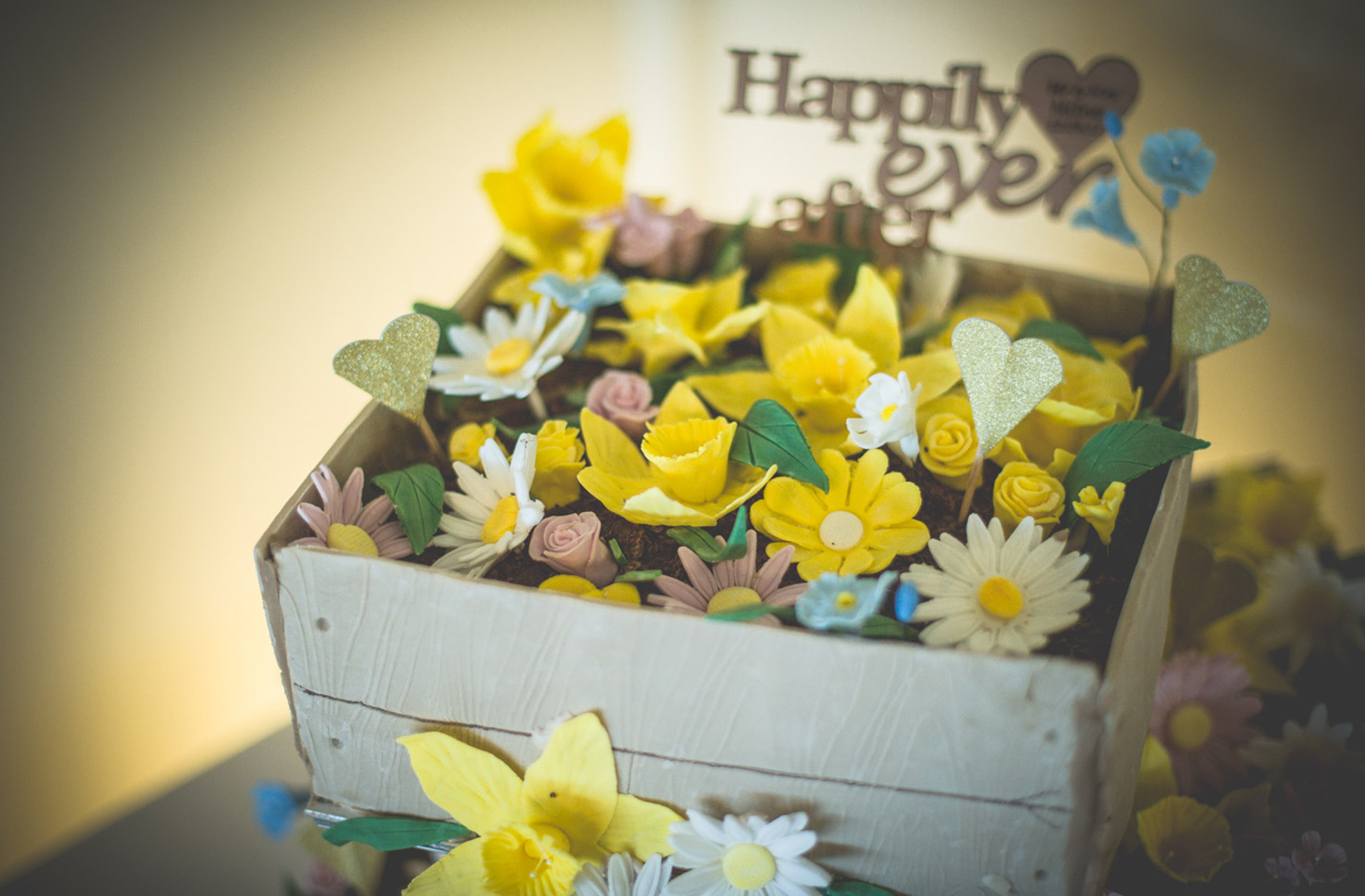 A couple decorated their wedding cake with daffodils for their spring wedding at Combermere Abbey